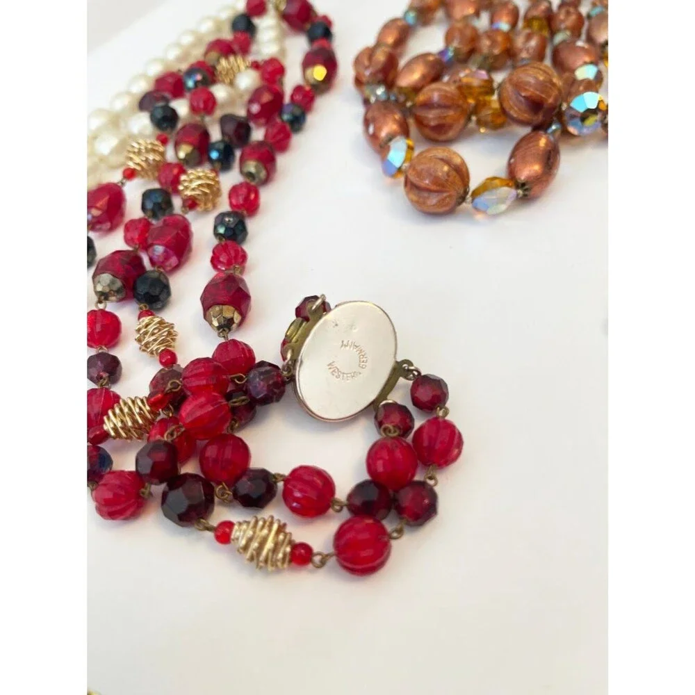 Vintage Necklace Lot Beaded Faux Pearl Amber Red Statement Retro Jewelry 4